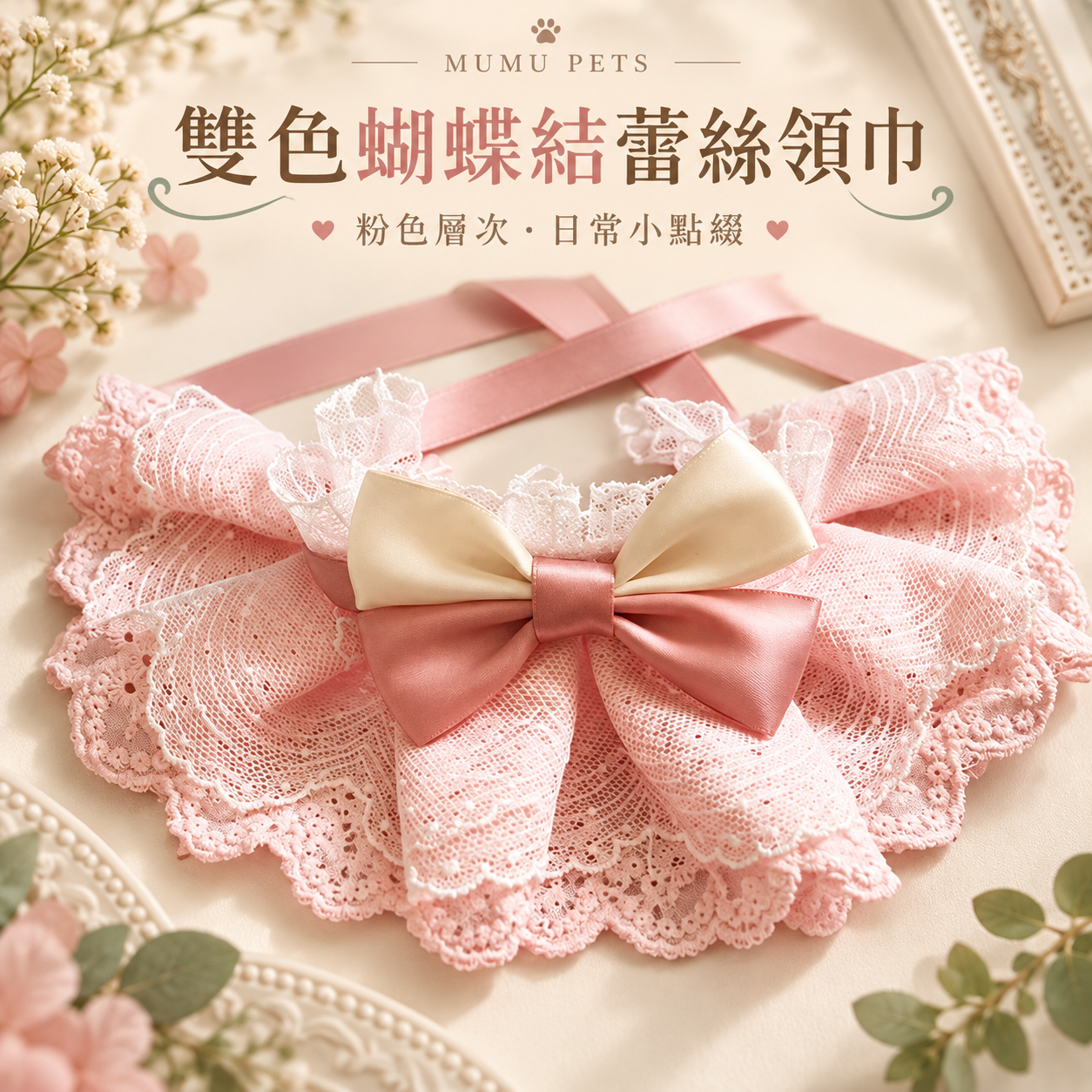 雙色蝴蝶蕾絲寵物領巾 寵物項圈 貓咪領巾 狗狗領巾 貓項圈 狗項圈
